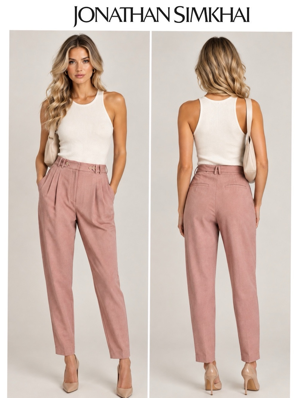 Jonathan Simkhai Dusty Rose Pleated High Rise Tailored Trousers Pants 4